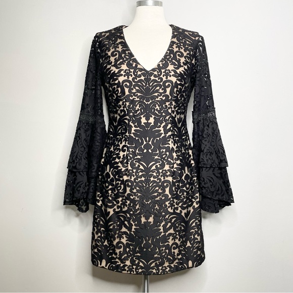 XSCAPE Lace Bell Sleeve V-Neck Mini Dress - Picture 1 of 7